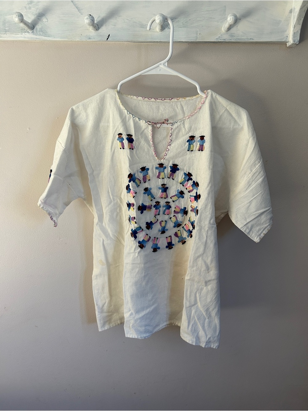 Embroidered Cream Folk Top with Colorful Doll Motif